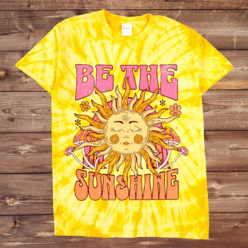 Handmade Tie-Dyed "Be the Sunshine" Graphic T-Shirt - 100% Cotton, Unique Sun Design, Small Black-Owned Business